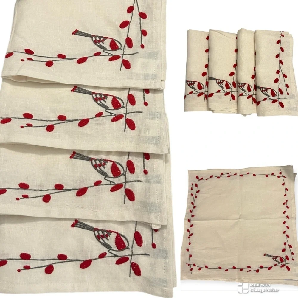 The Company Store Linen Napkins with Red and gray Embroidery